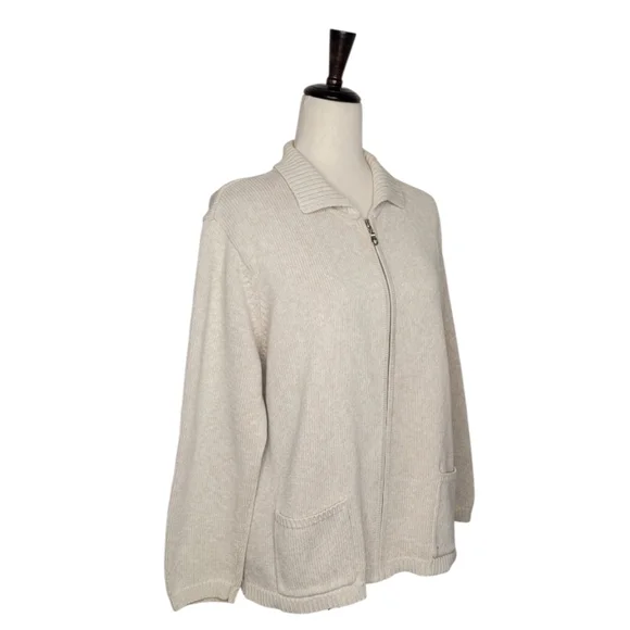 Yarnworks Cream Heathered Zip-Up Cardigan Sweater Size L - Picture 2 of 8